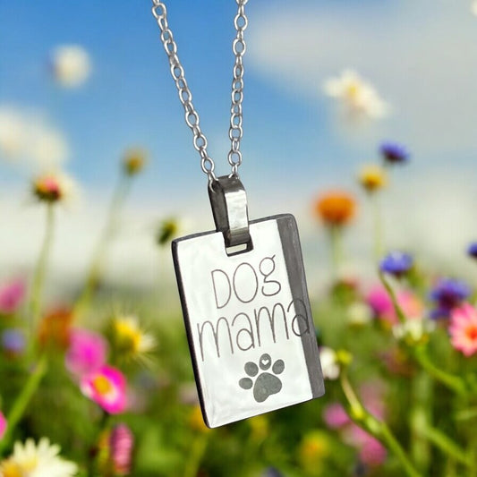 Dog Mama Cat Mama Heart Paw Pendant Charm Necklace Personalized Silver Square Rectangle Pet Mom