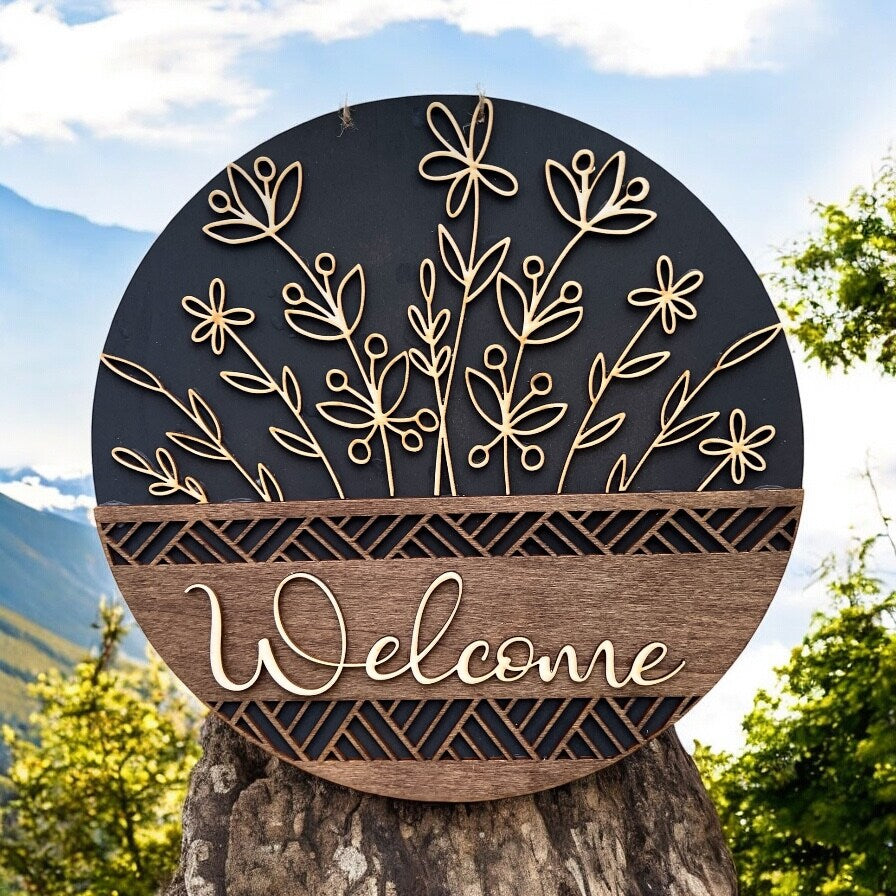 Personalized Wood Welcome front door sign Wild flower Front door sign Wildflower door hanger Custom Family Name Handmade