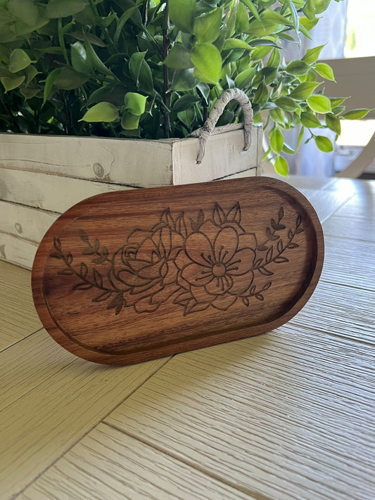 Wood Acacia Soap Tray Jewelry Tray Cheese Platter Ring Dish Floral Flowers Personalized Engraved