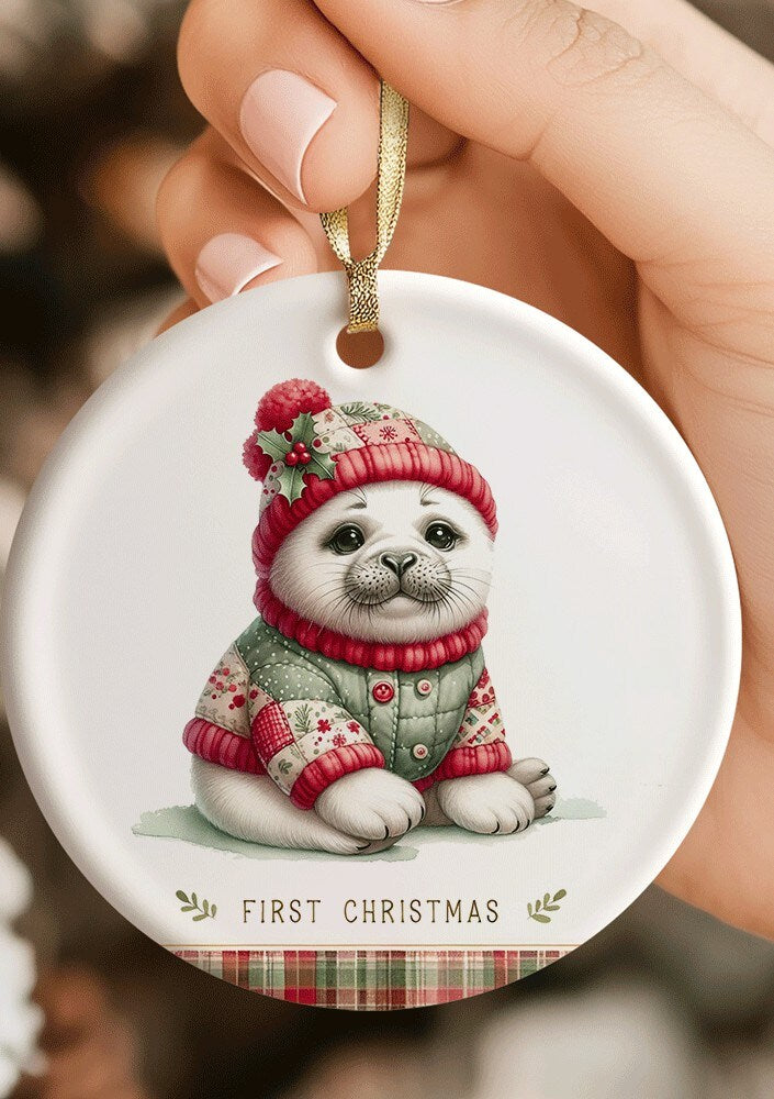 Baby's First Christmas Ornament Ceramic Animals Personalized Holiday Dog Cat Elephant Sheep Woodland Animals