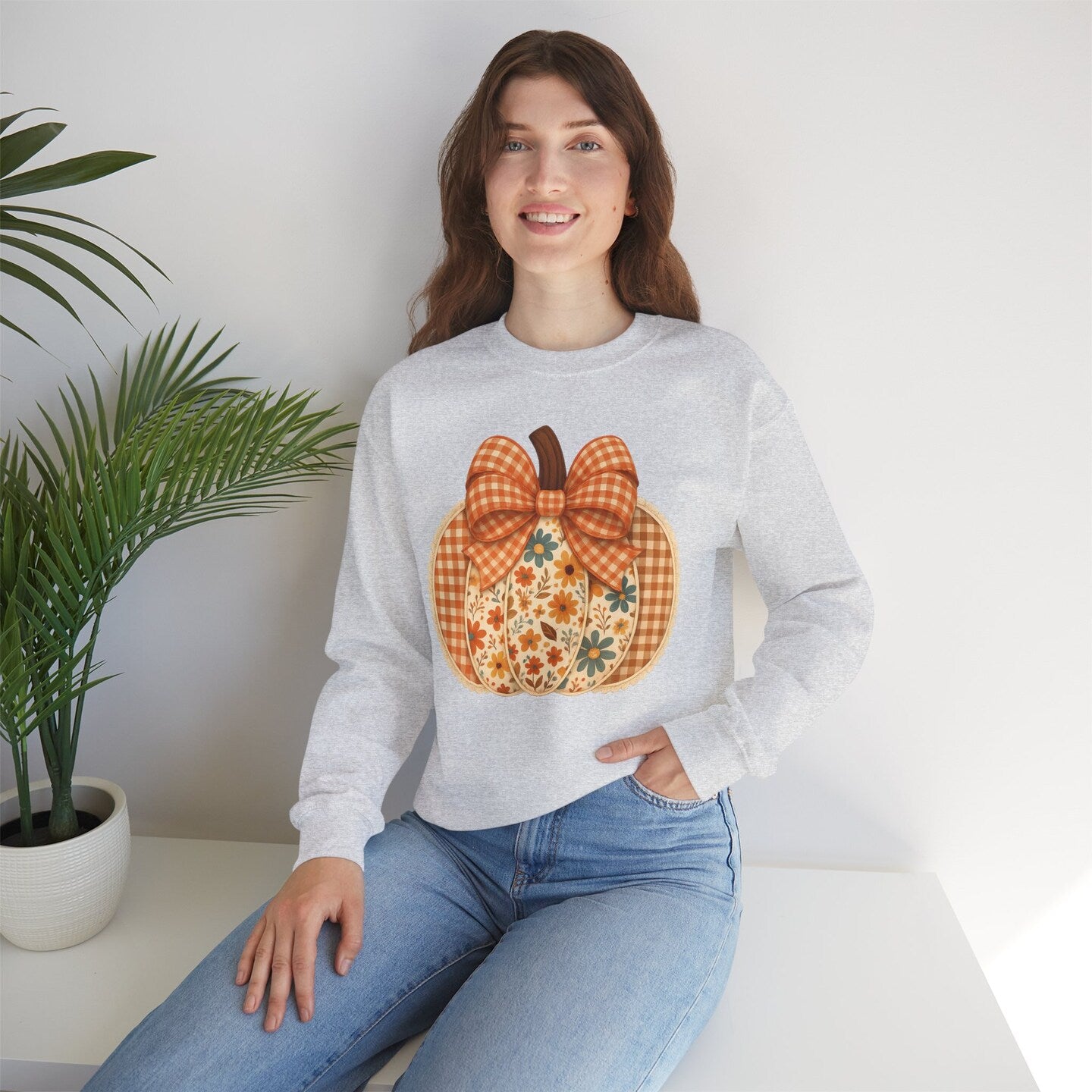 Pumpkin Crew Neck Sweatshirt Floral Gingham Plaid Coquette Bow Orange Fall Autumn Farm Country