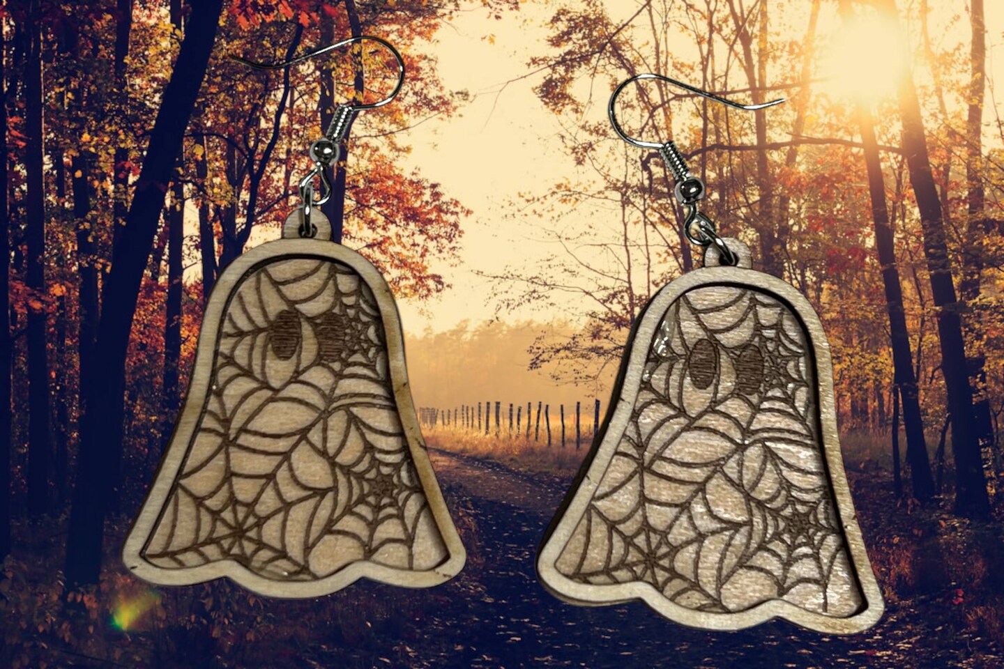 Ghost Earrings Wood Dangle Spider Web Bats Halloween Fall Autumn Silver Gold Set
