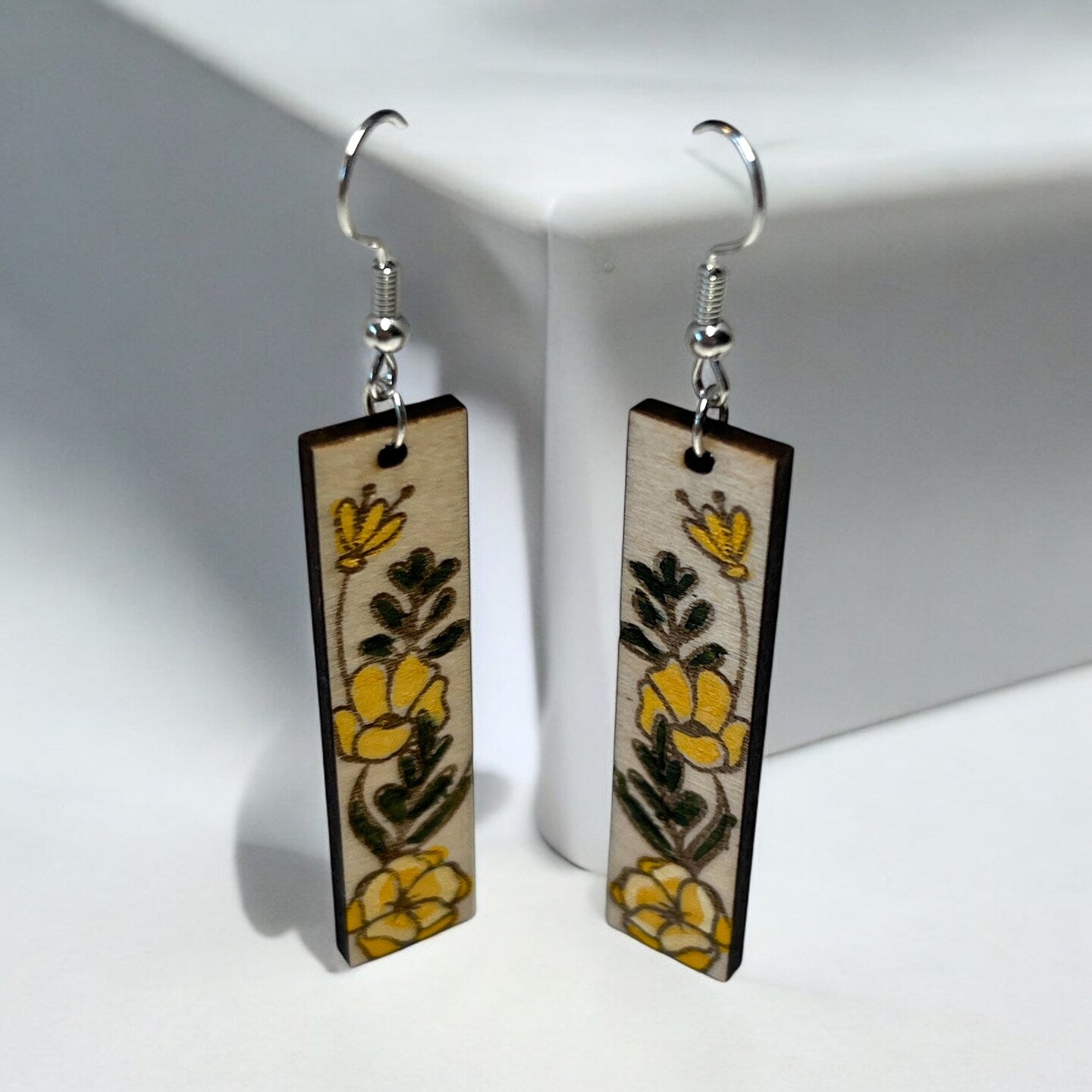 Hand Painted Floral Spring Wood Dangle Earrings Round Column Natural Boho Botanical Flower