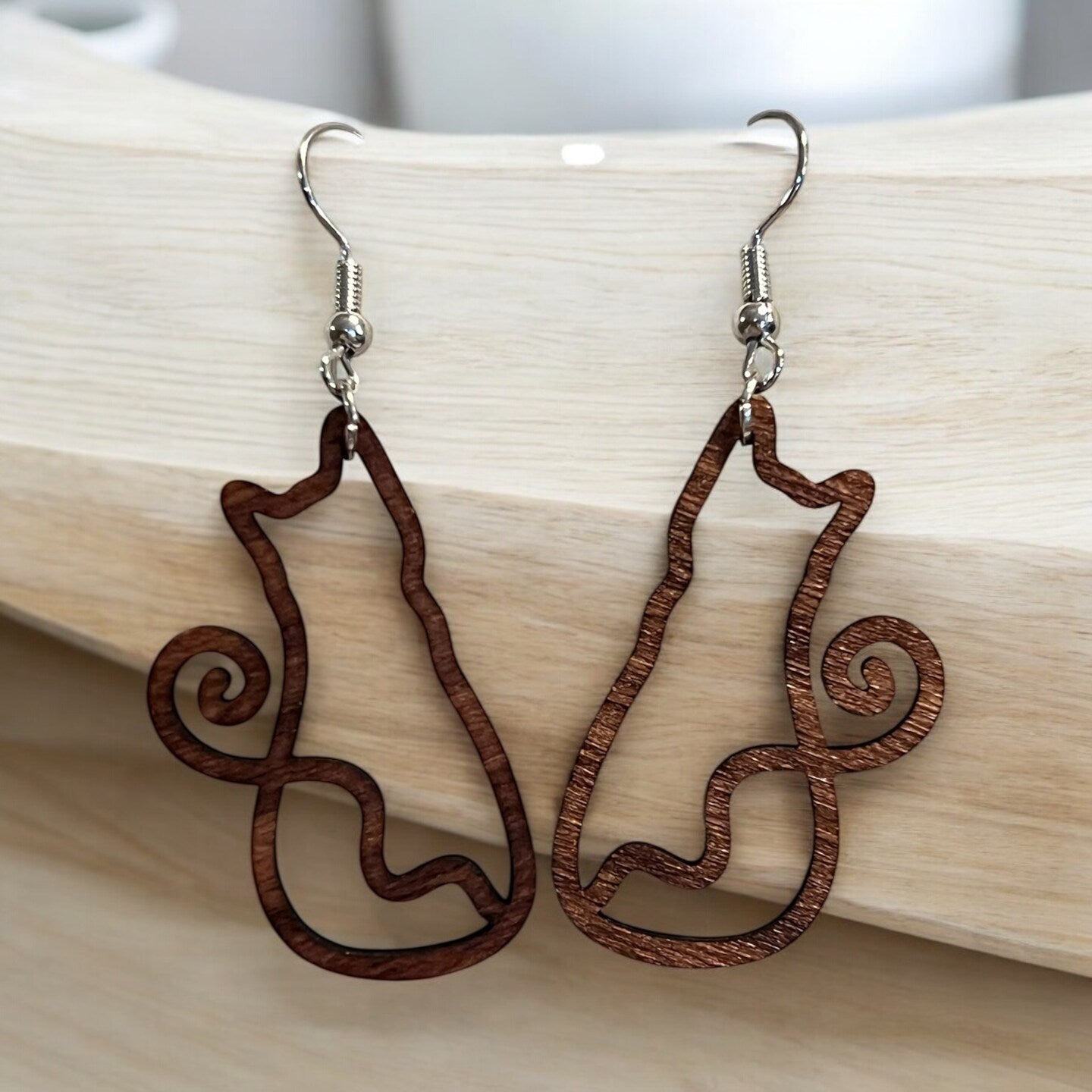 Wood Cat Earrings Kitty Kitten Dangle Whimsical Swirl Tail Heart Tail Line Drawing Cat Lover