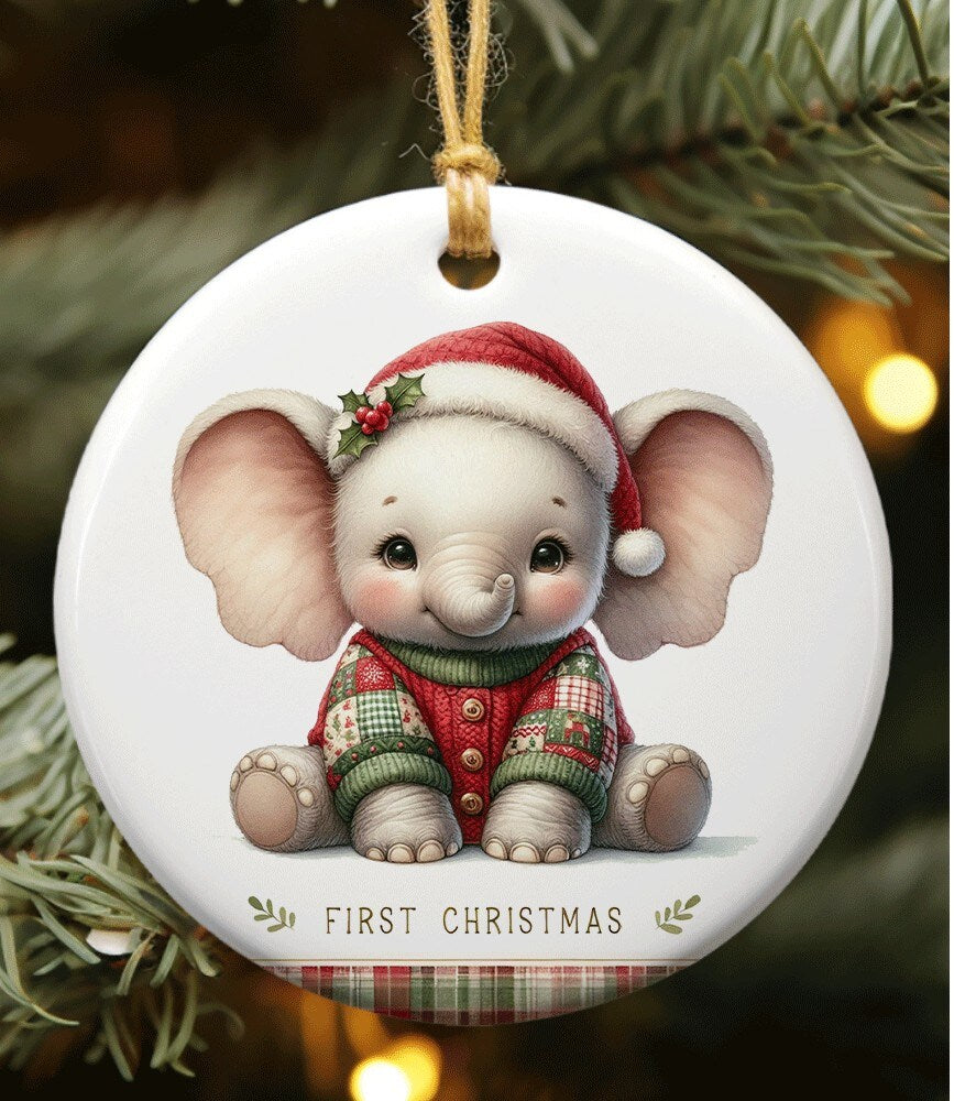 Baby's First Christmas Ornament Ceramic Animals Personalized Holiday Dog Cat Elephant Sheep Woodland Animals