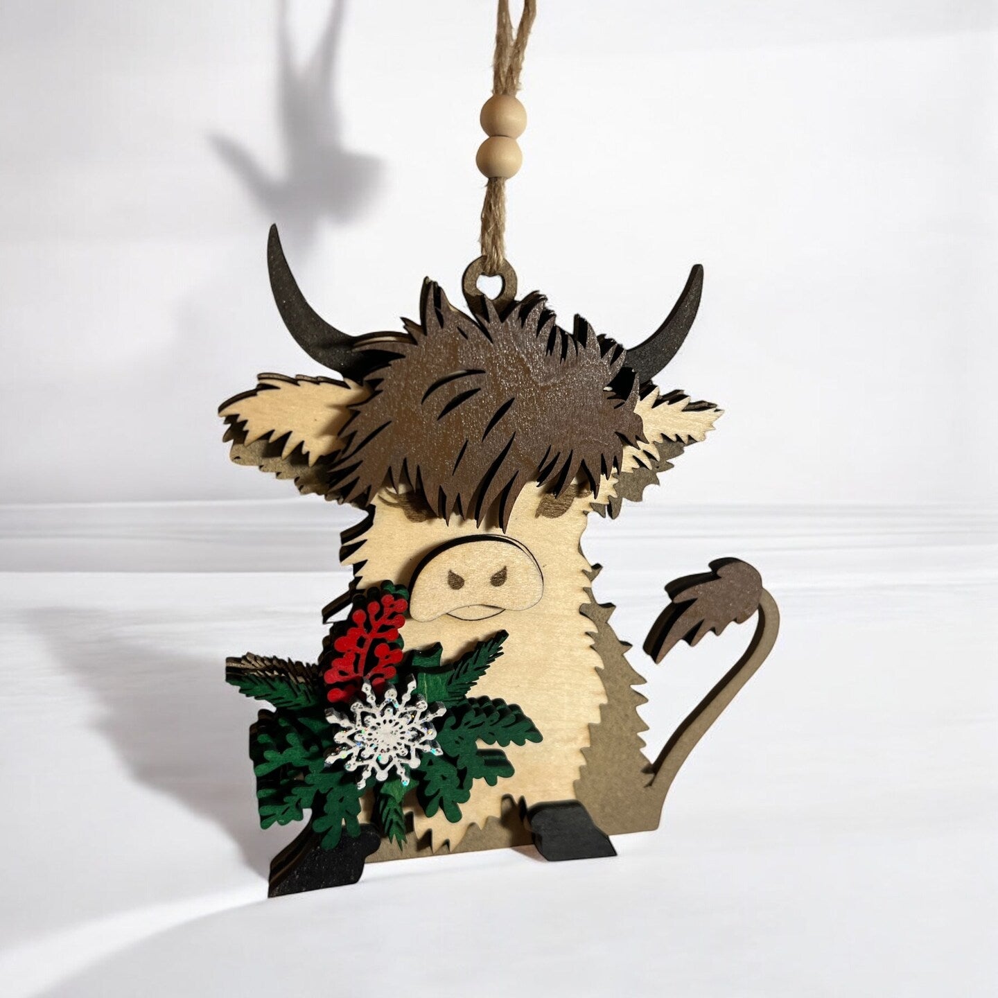 Highland Cow Brown Cow Wood Christmas Ornament Holiday Decor Mistletoe Boho Rustic Farmhouse