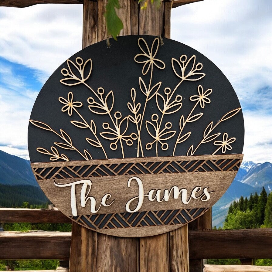 Personalized Wood Welcome front door sign Wild flower Front door sign Wildflower door hanger Custom Family Name Handmade