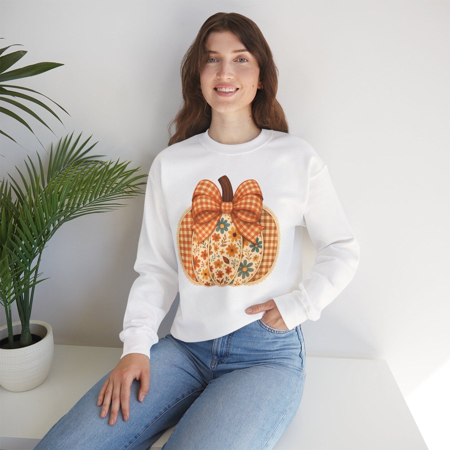 Pumpkin Crew Neck Sweatshirt Floral Gingham Plaid Coquette Bow Orange Fall Autumn Farm Country