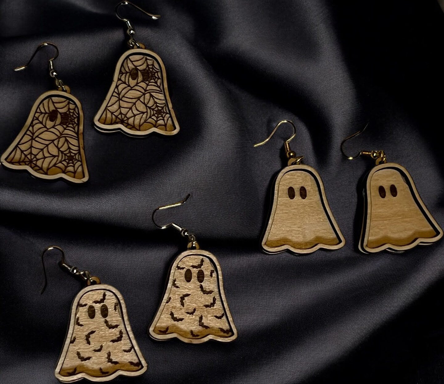 Ghost Earrings Wood Dangle Spider Web Bats Halloween Fall Autumn Silver Gold Set