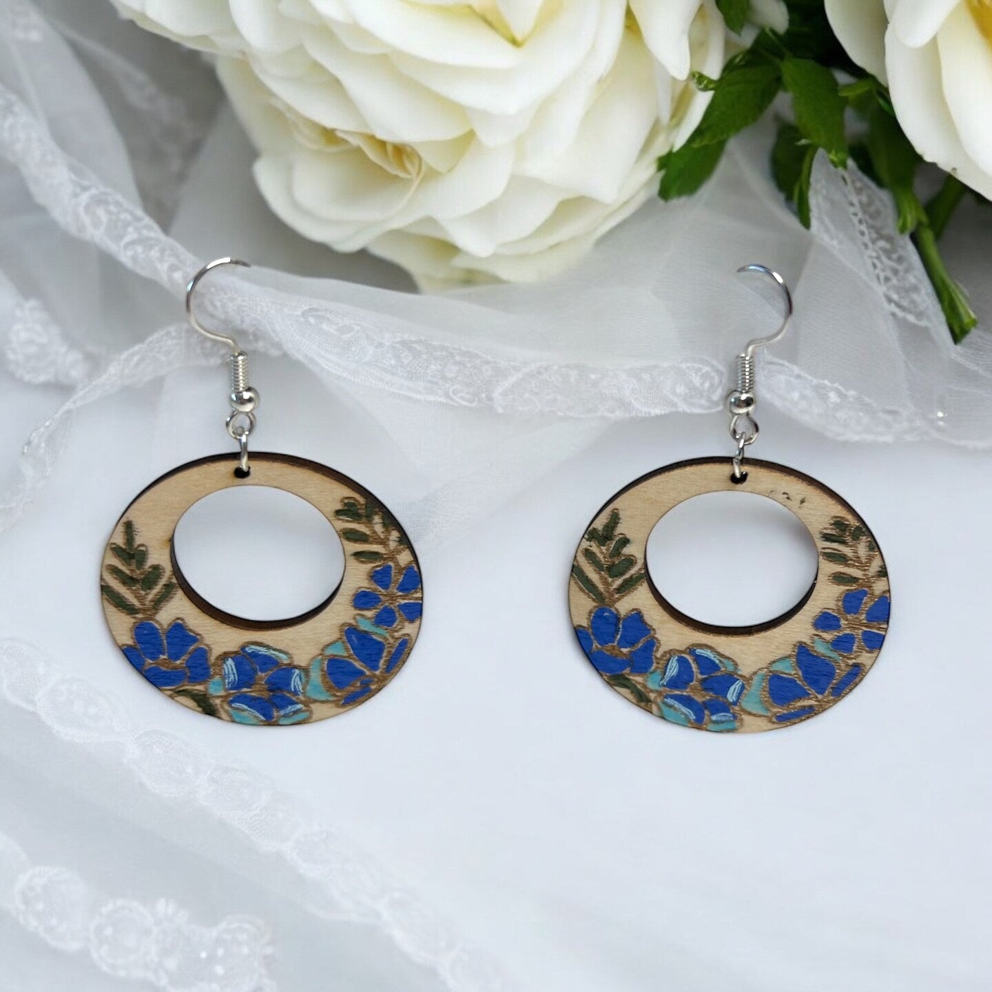Hand Painted Floral Spring Wood Dangle Earrings Round Column Natural Boho Botanical Flower