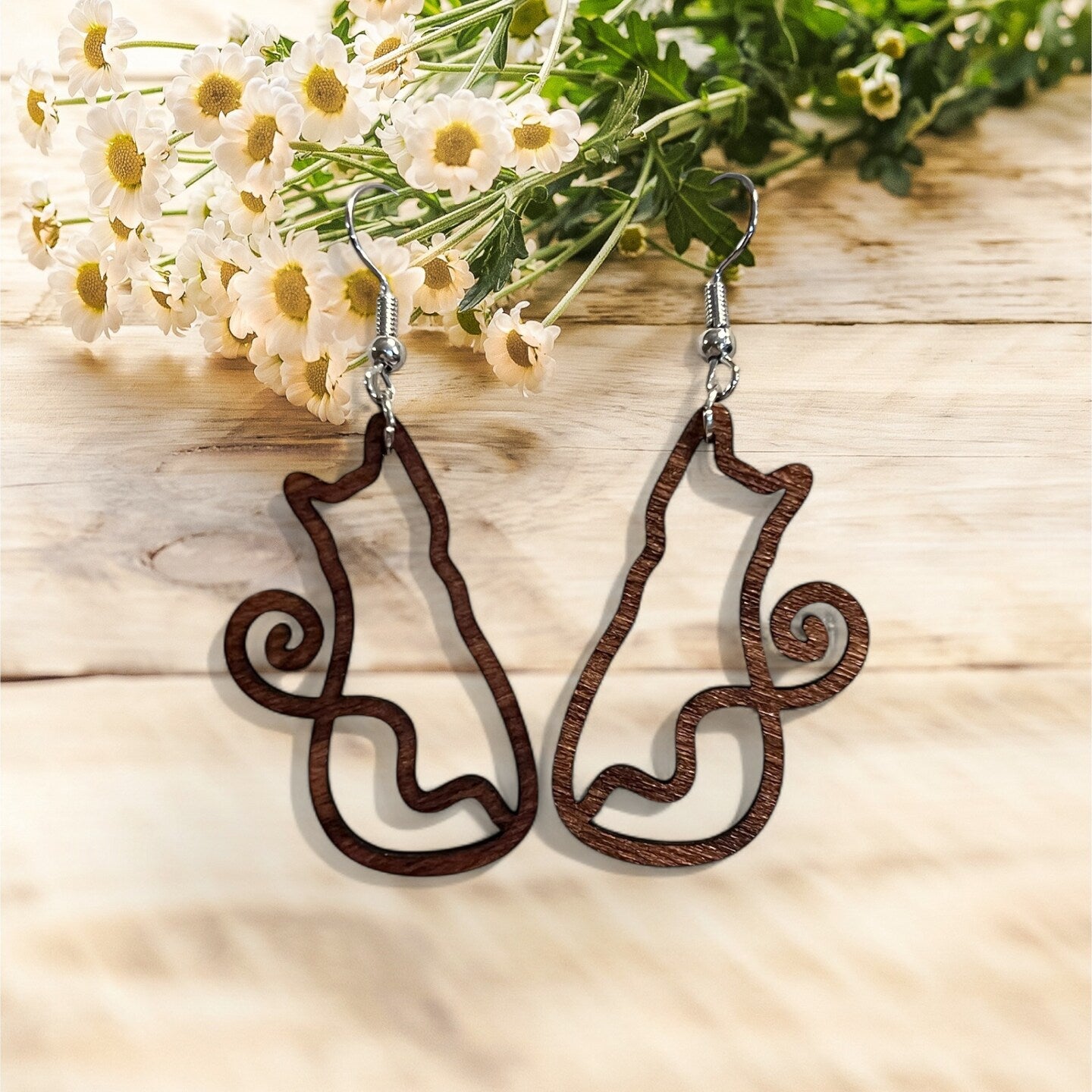 Wood Cat Earrings Kitty Kitten Dangle Whimsical Swirl Tail Heart Tail Line Drawing Cat Lover