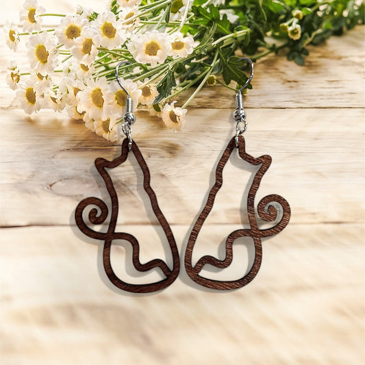 Wood Cat Earrings Kitty Kitten Dangle Whimsical Swirl Tail Heart Tail Line Drawing Cat Lover