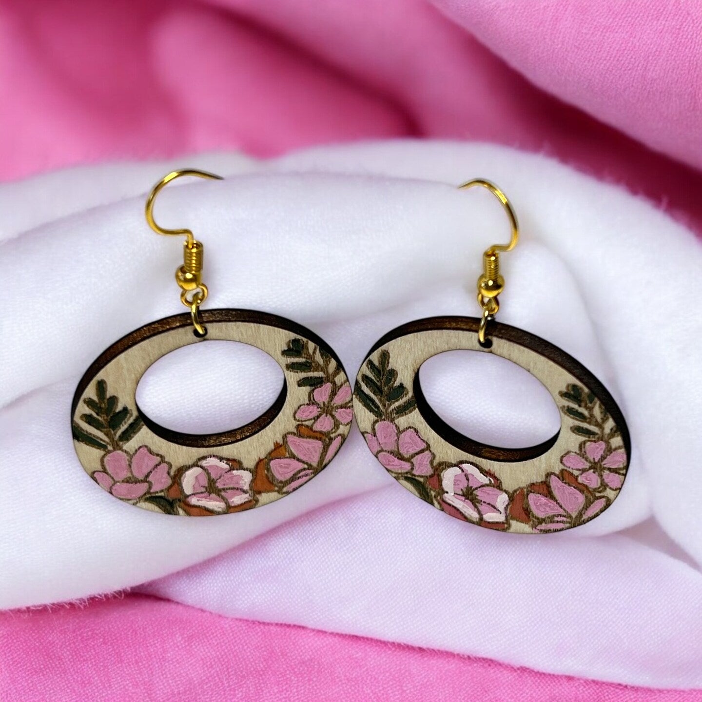 Hand Painted Floral Spring Wood Dangle Earrings Round Column Natural Boho Botanical Flower