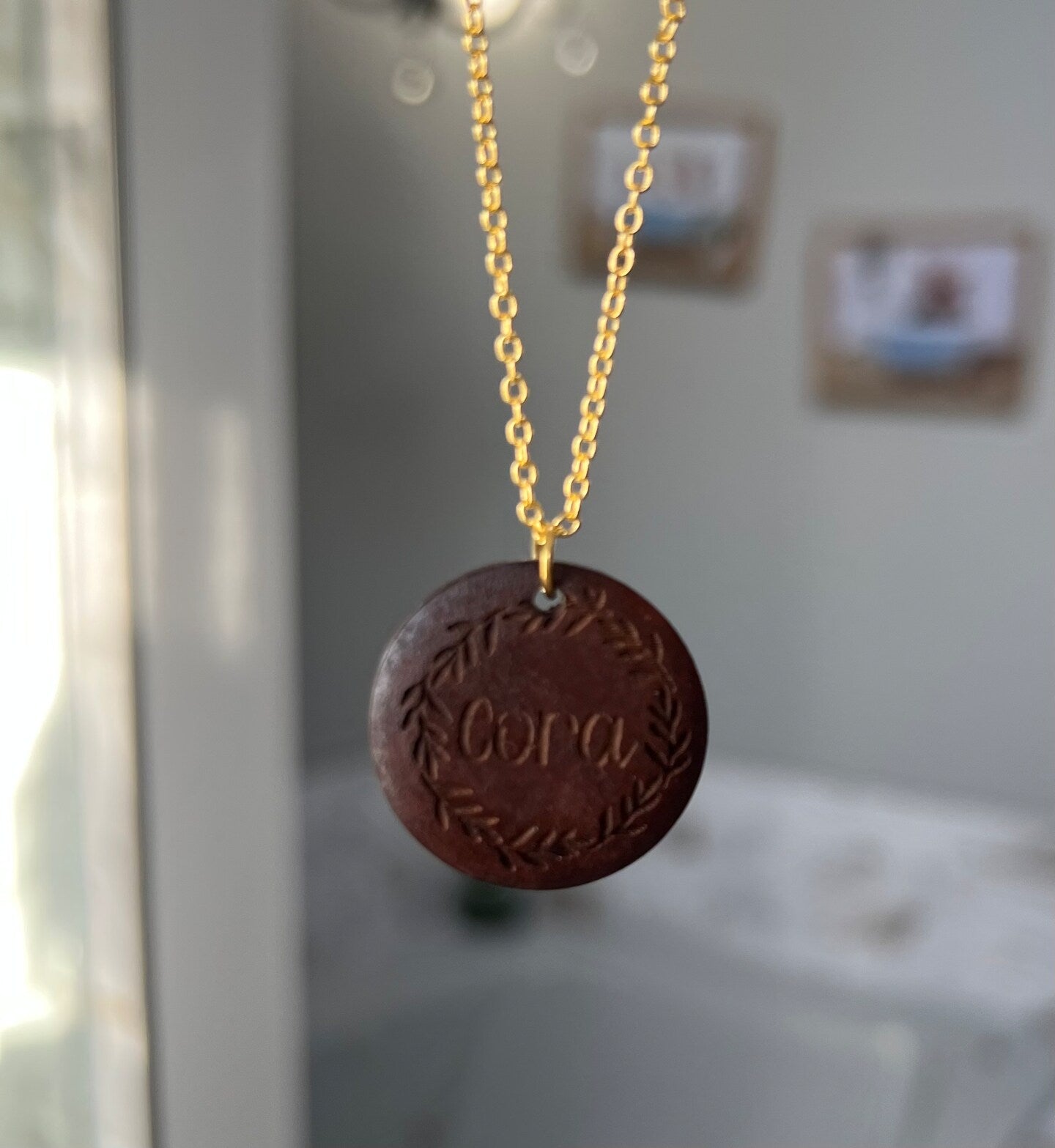 Engraved Wood Walnut Name Pendant Necklace Wreath Personalized Floral Flower Circle Disc Pendant Gold Silver