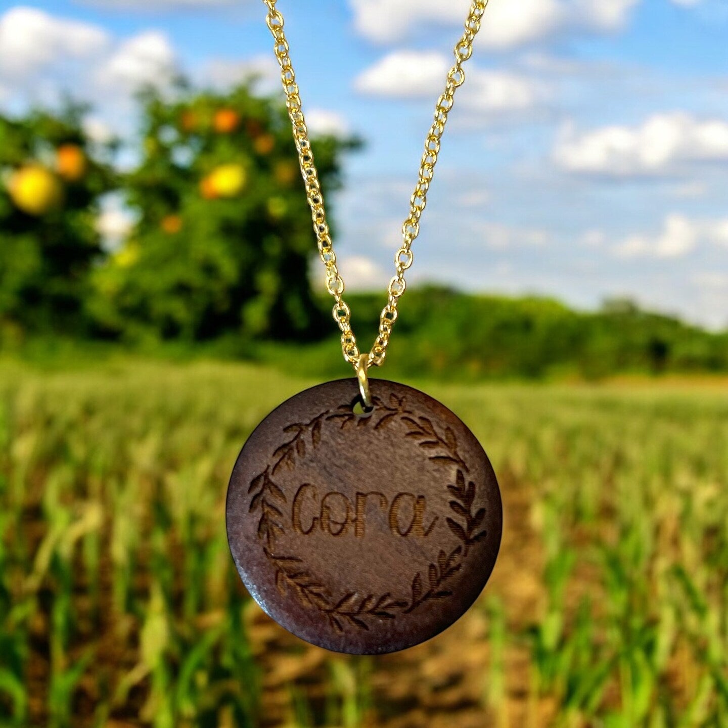 Engraved Wood Walnut Name Pendant Necklace Wreath Personalized Floral Flower Circle Disc Pendant Gold Silver