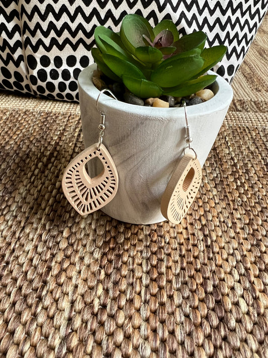 Handmade Wood Teardrop Paint Macrame Boho Hippie Drop Dangle Earring Beige Brown Yellow Mustard Ivory Tan Black Green Olive Gray Wood Summer