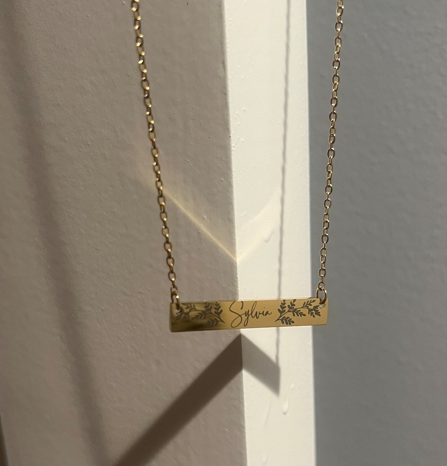 Botanical Name Bar Personalized Necklace Leaves Rectangle Gold Silver Stainless Metal