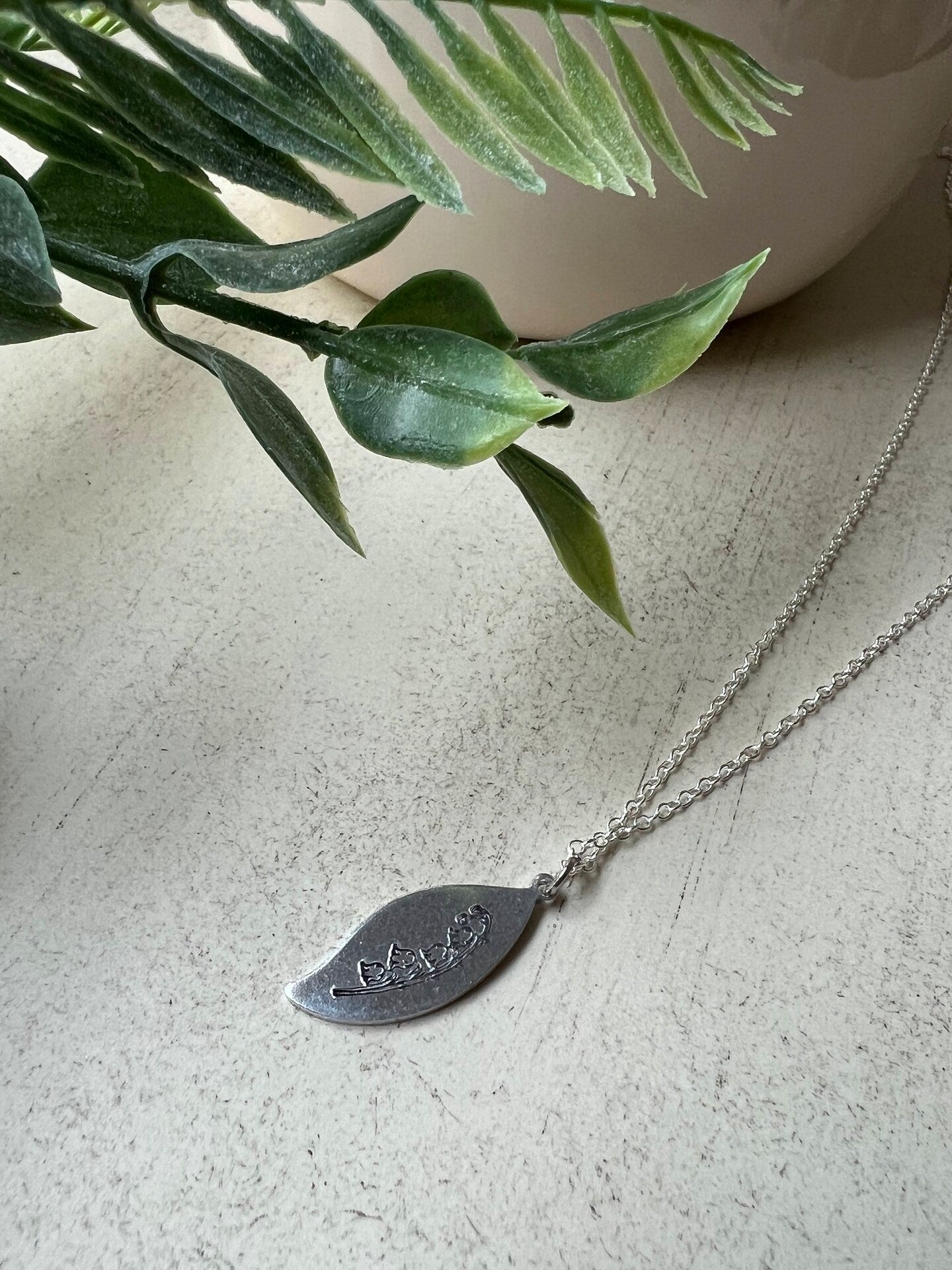 Handmade Lily of the Valley Spring Flower Necklace Pendant Leaf Shaped Plate Metal Silver Gold