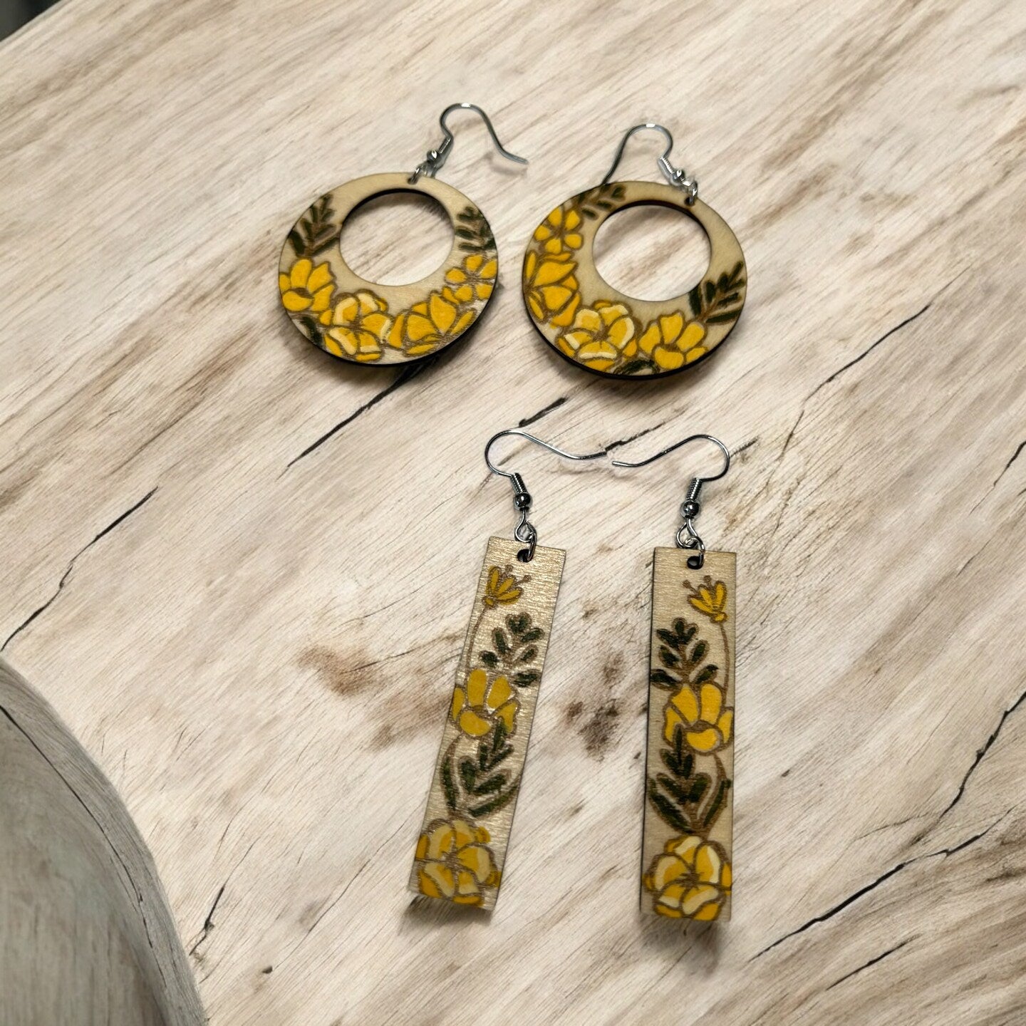 Hand Painted Floral Spring Wood Dangle Earrings Round Column Natural Boho Botanical Flower