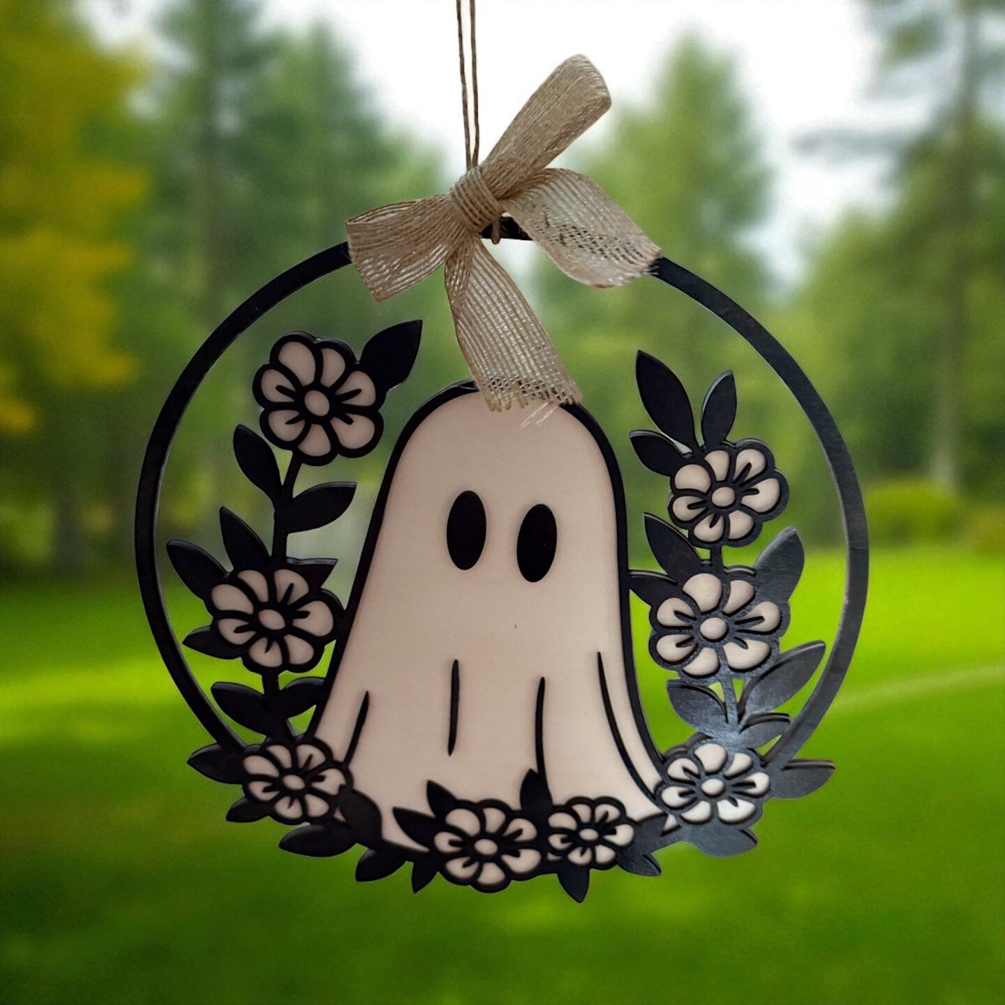 Wood Ghost Floral Spiderweb Wall Hanging Wall Decor Boho Farmhouse Black White Halloween Autumn Fall Wall Art Pink
