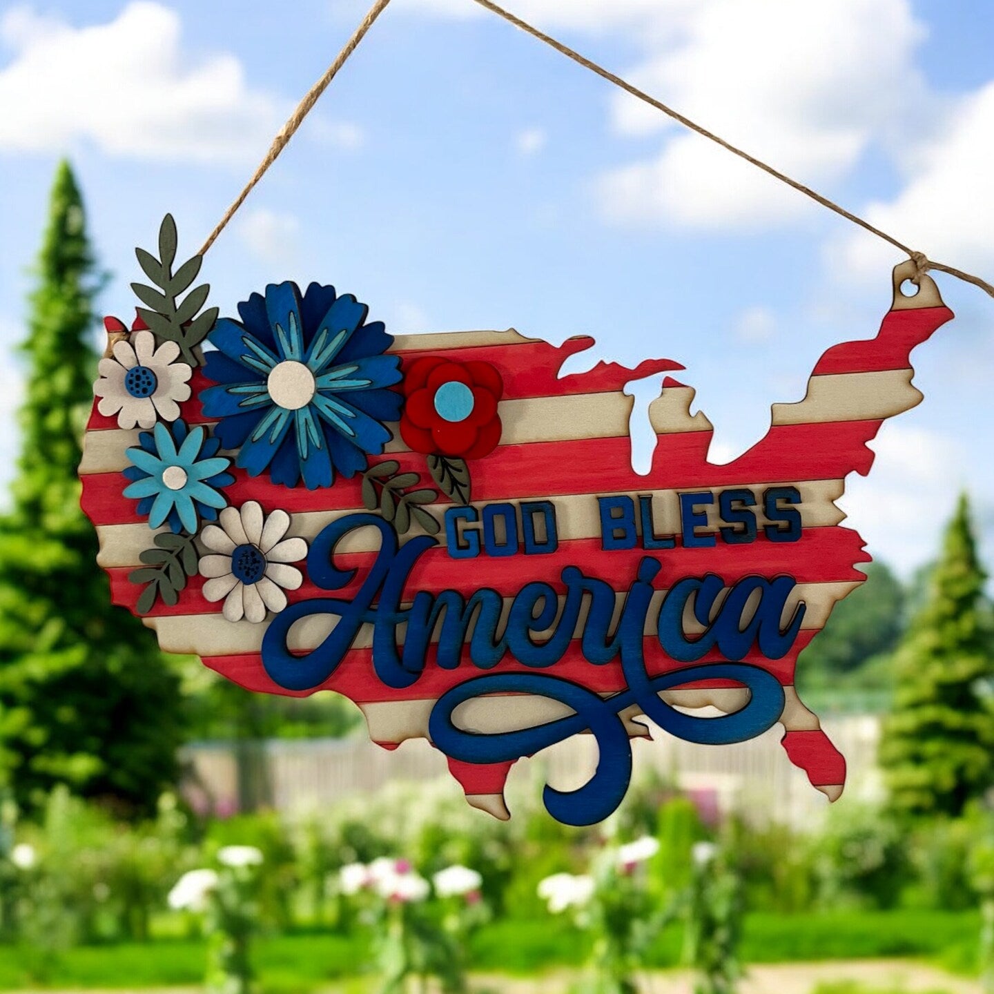 God Bless America Wood Door Sign Wall Sign Home Decor 4th of July Patriotic Memorial Day American Flag Floral Red White Blue