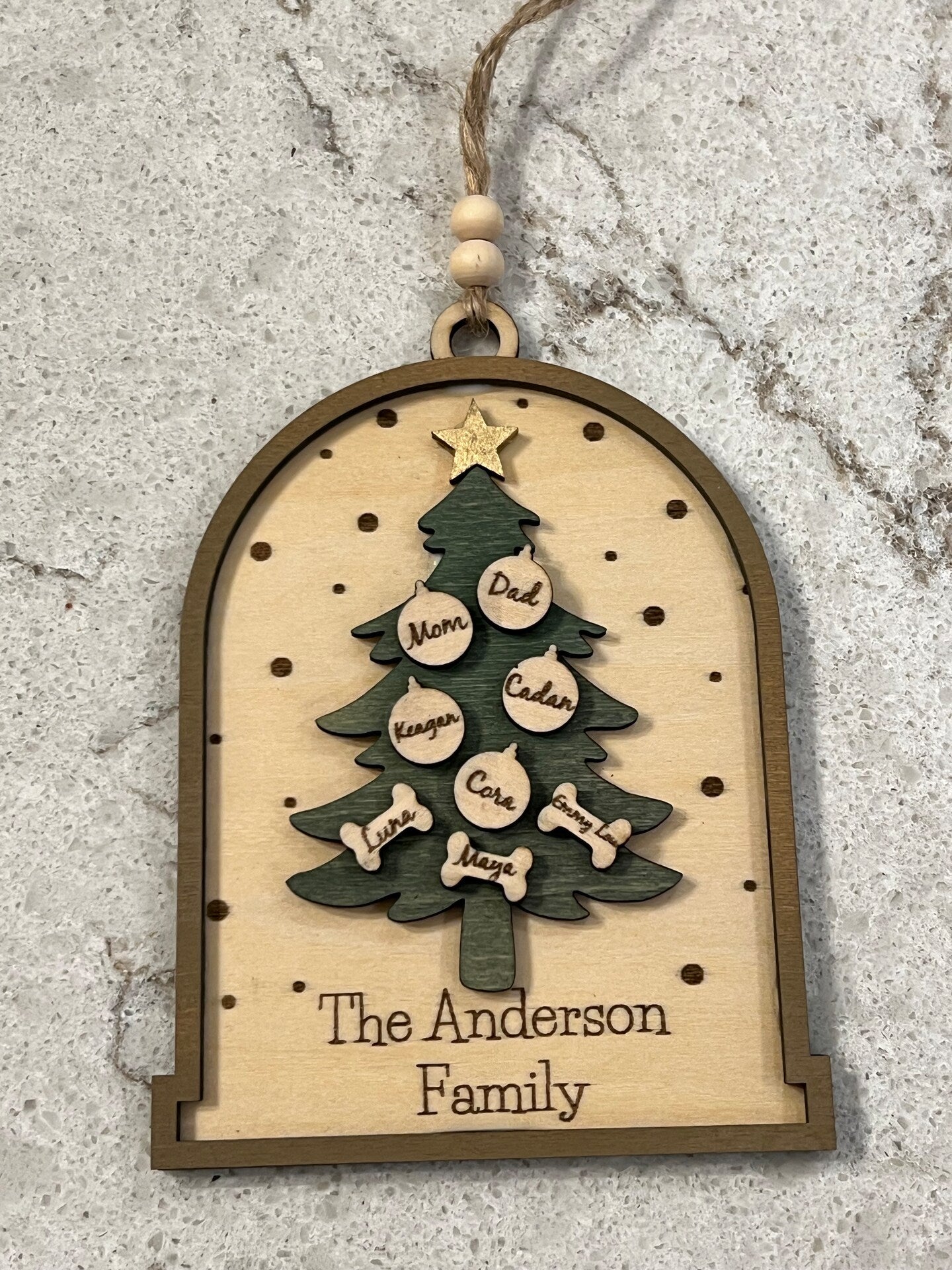 Family Christmas Tree Ornament Holiday Wood Personalized Family Names Cats Dogs Pets Farmhouse Rustic Boho