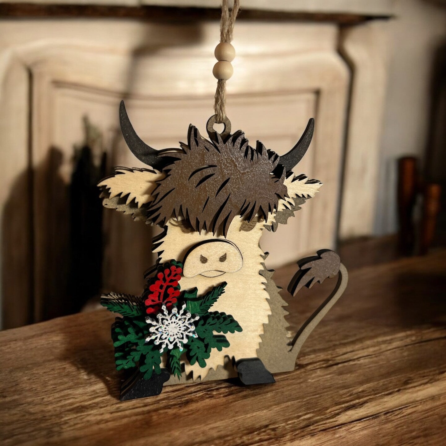 Highland Cow Brown Cow Wood Christmas Ornament Holiday Decor Mistletoe Boho Rustic Farmhouse