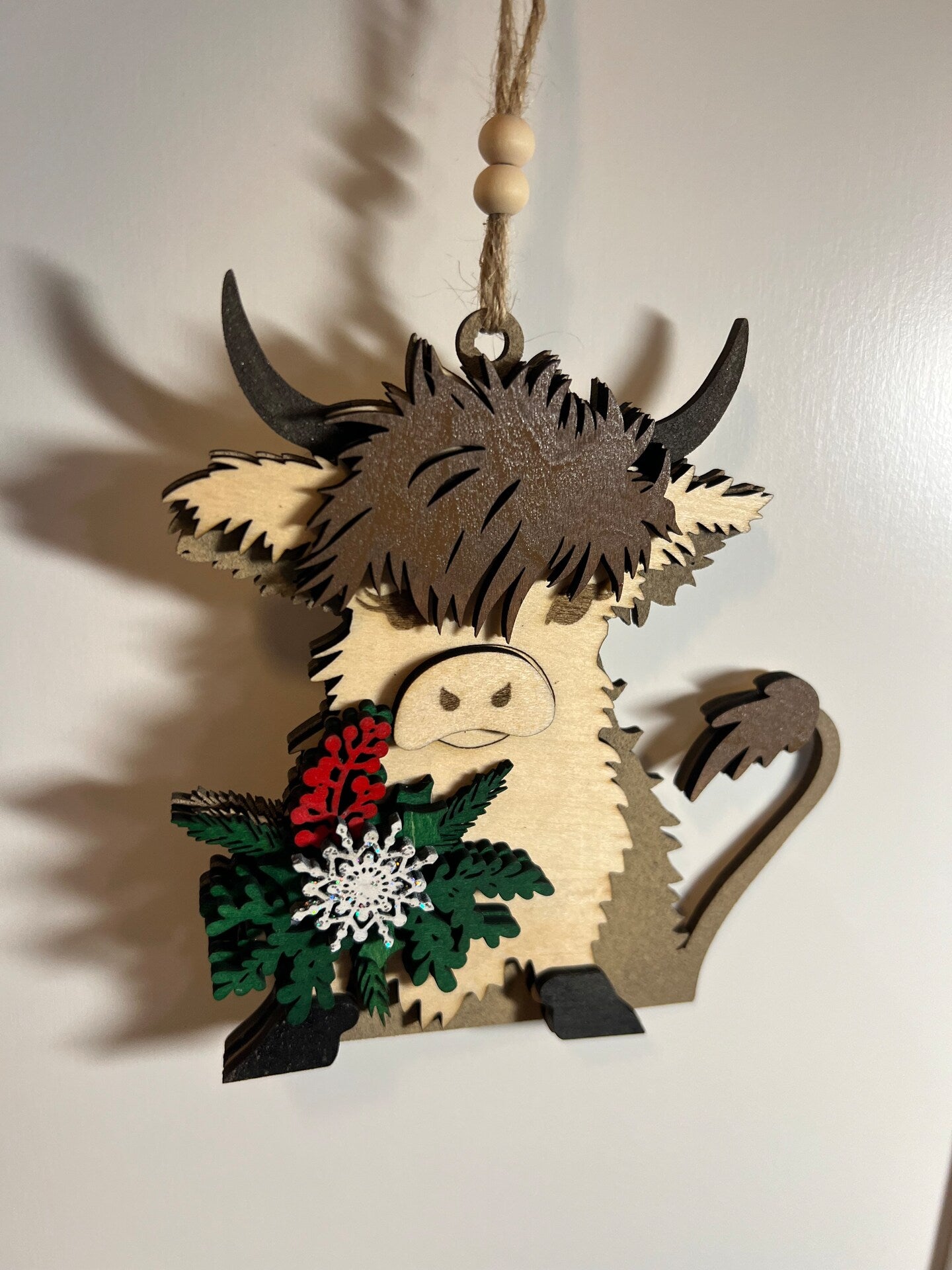 Highland Cow Brown Cow Wood Christmas Ornament Holiday Decor Mistletoe Boho Rustic Farmhouse