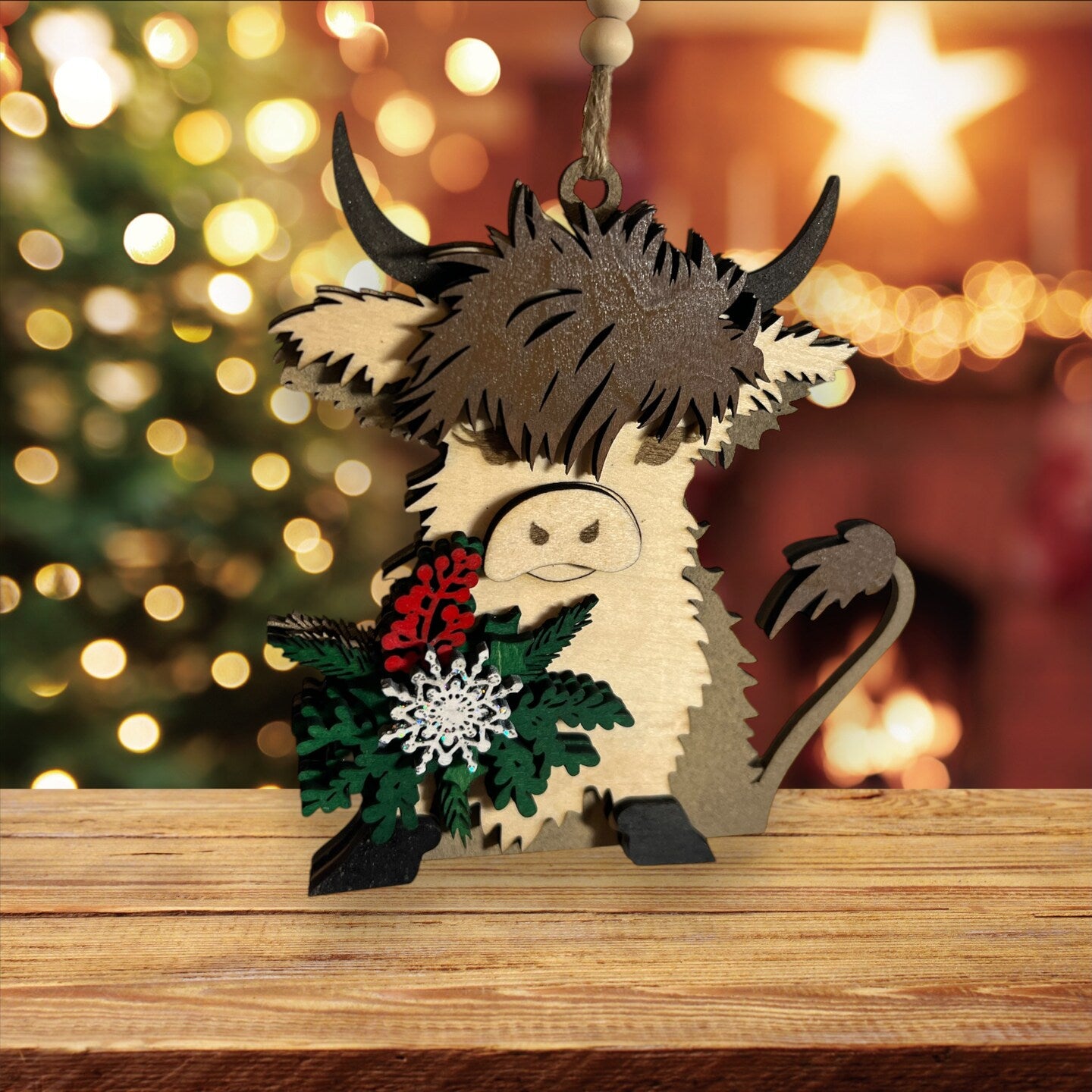Highland Cow Brown Cow Wood Christmas Ornament Holiday Decor Mistletoe Boho Rustic Farmhouse