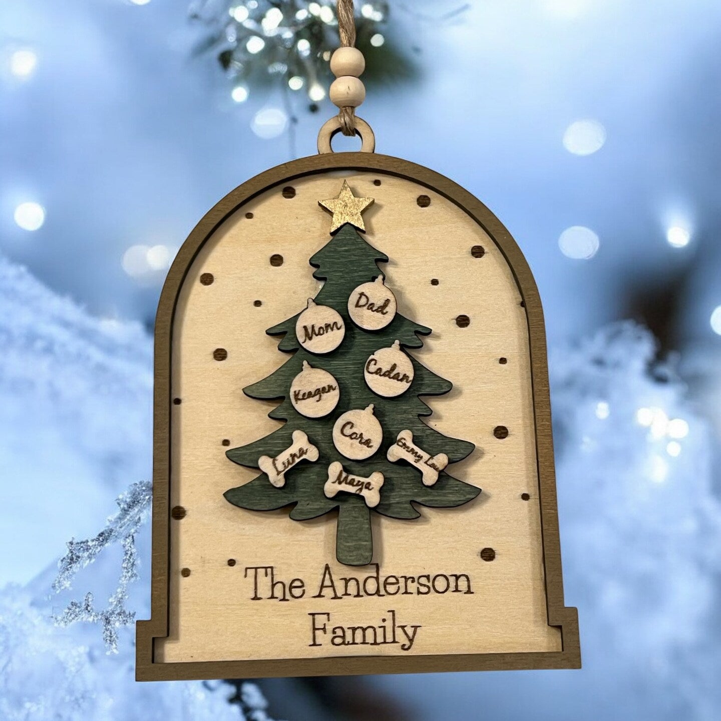 Family Christmas Tree Ornament Holiday Wood Personalized Family Names Cats Dogs Pets Farmhouse Rustic Boho