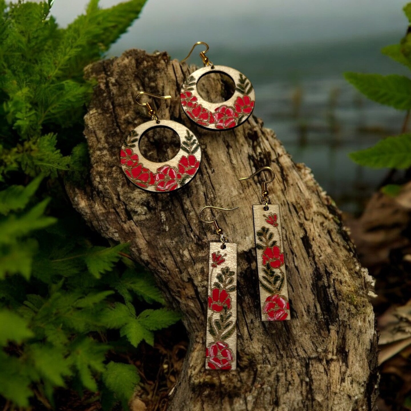 Hand Painted Floral Spring Wood Dangle Earrings Round Column Natural Boho Botanical Flower