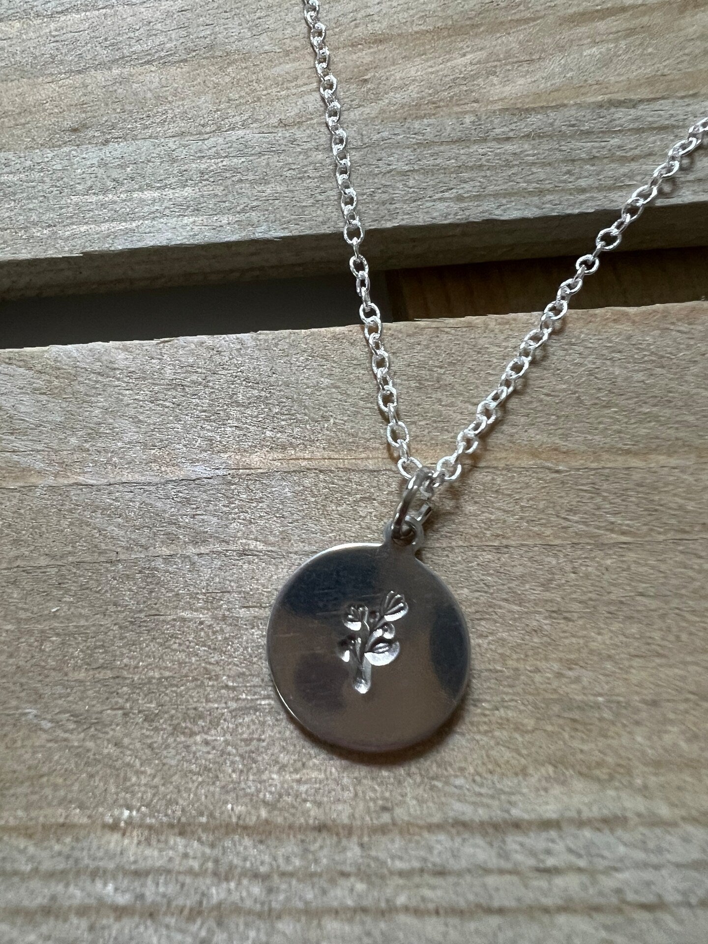 Wildflower Tulip Floral Flower Leaf Necklace Circle Coin Disc Engraved Etched Silver Gold Pendant Metal Handmade Personalized Stamped Custom