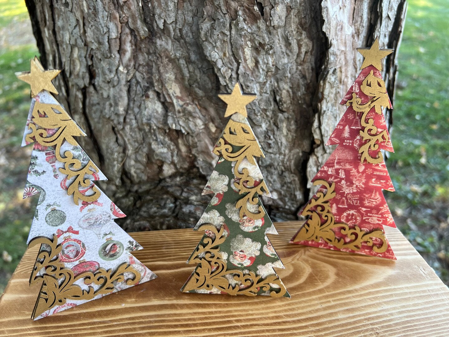 Wood Christmas Tree Table Holiday Gold Flourish Farmhouse Decor French Country Rustic Boho Handmade