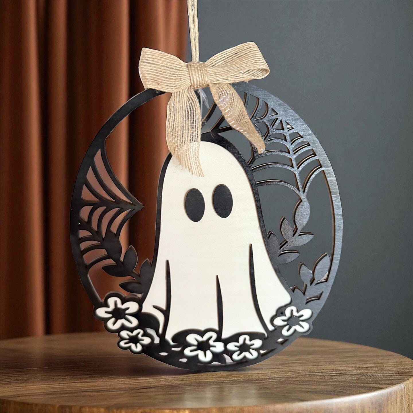 Wood Ghost Floral Spiderweb Wall Hanging Wall Decor Boho Farmhouse Black White Halloween Autumn Fall Wall Art Pink