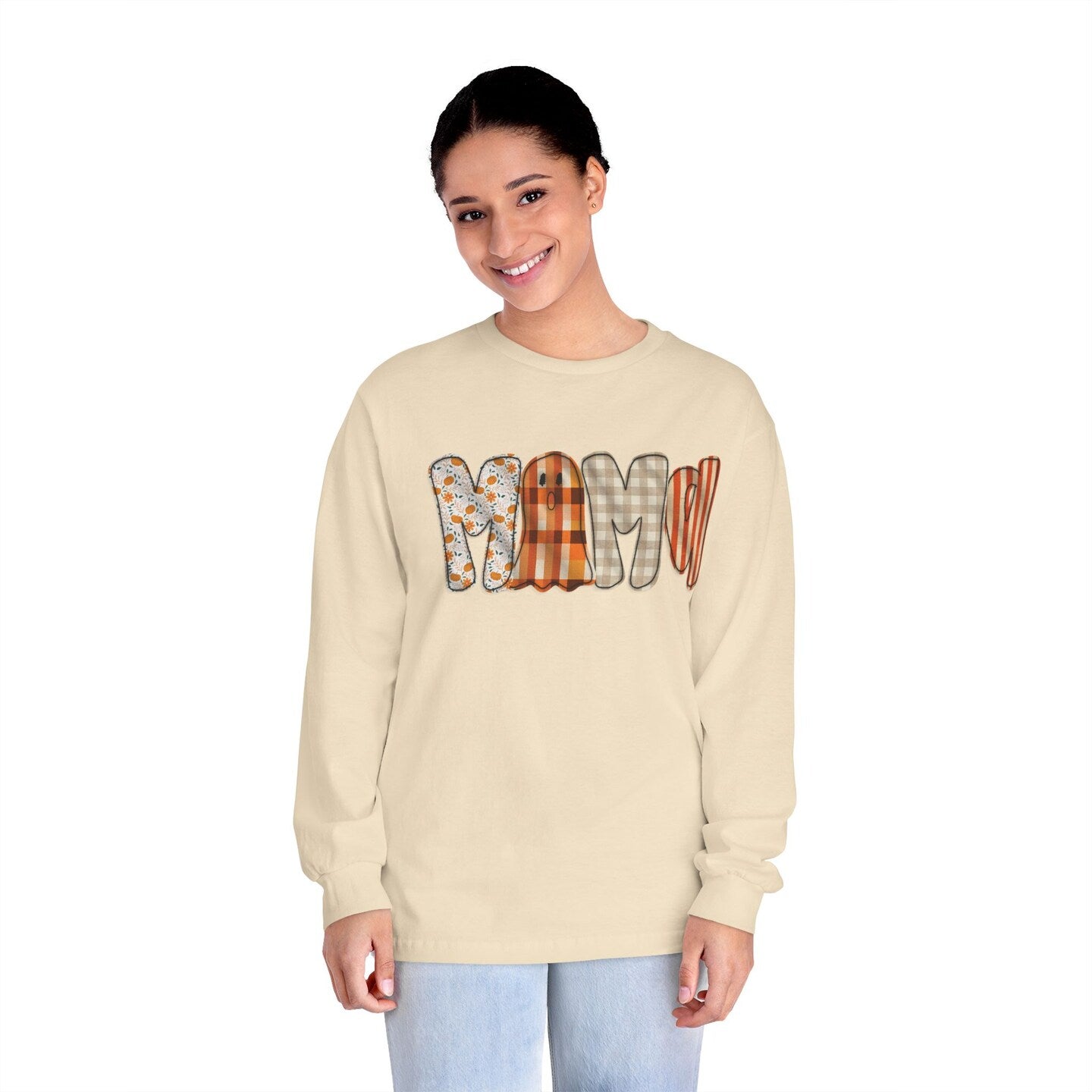 Halloween Fall Mama Gingham Plaid Long Sleeve T-Shirt Ghost Faux Embroidered Orange Brown Shirt