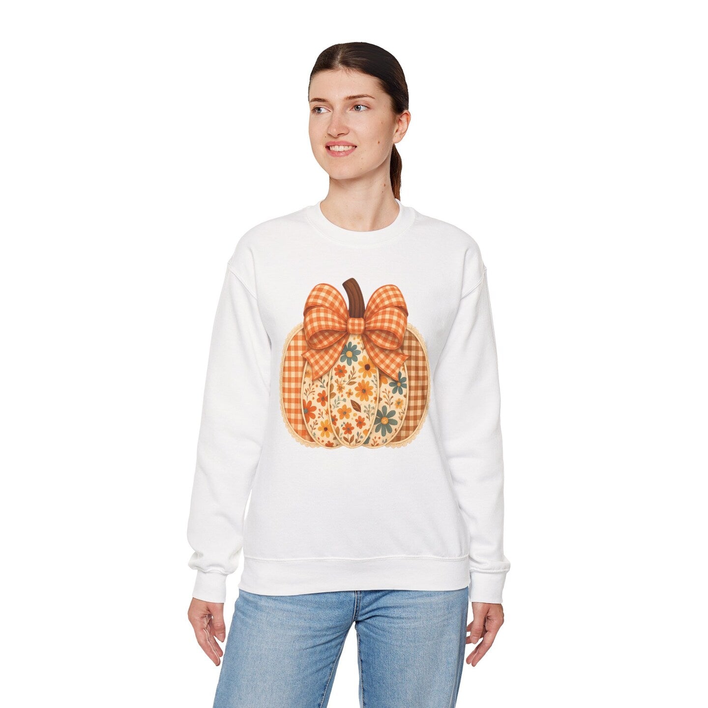 Pumpkin Crew Neck Sweatshirt Floral Gingham Plaid Coquette Bow Orange Fall Autumn Farm Country