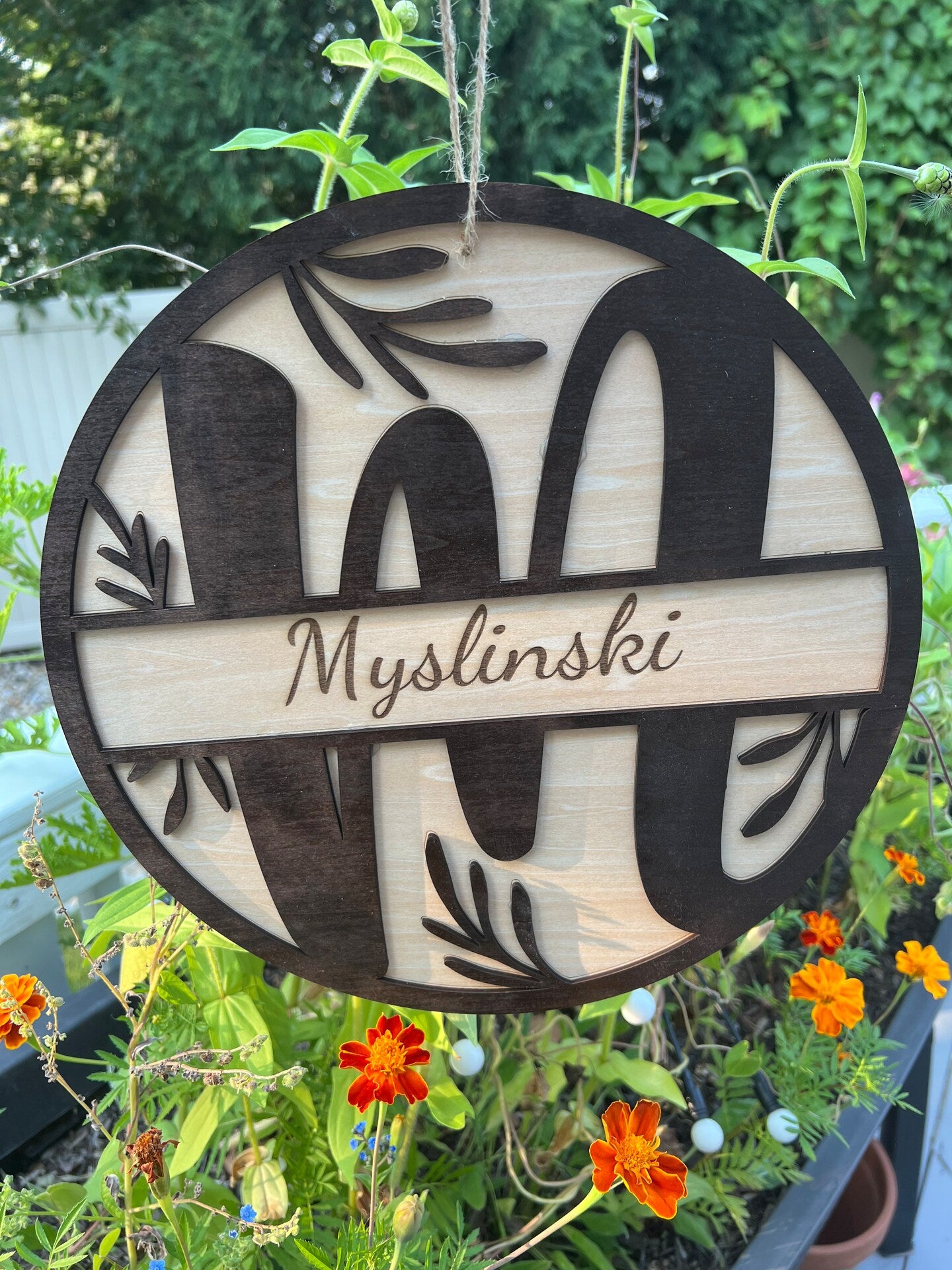 Name Letter Wood Door Sign Wall Sign Botanical Leaves Boho Farmhouse Personalized Custom Family Name Housewarming Sign