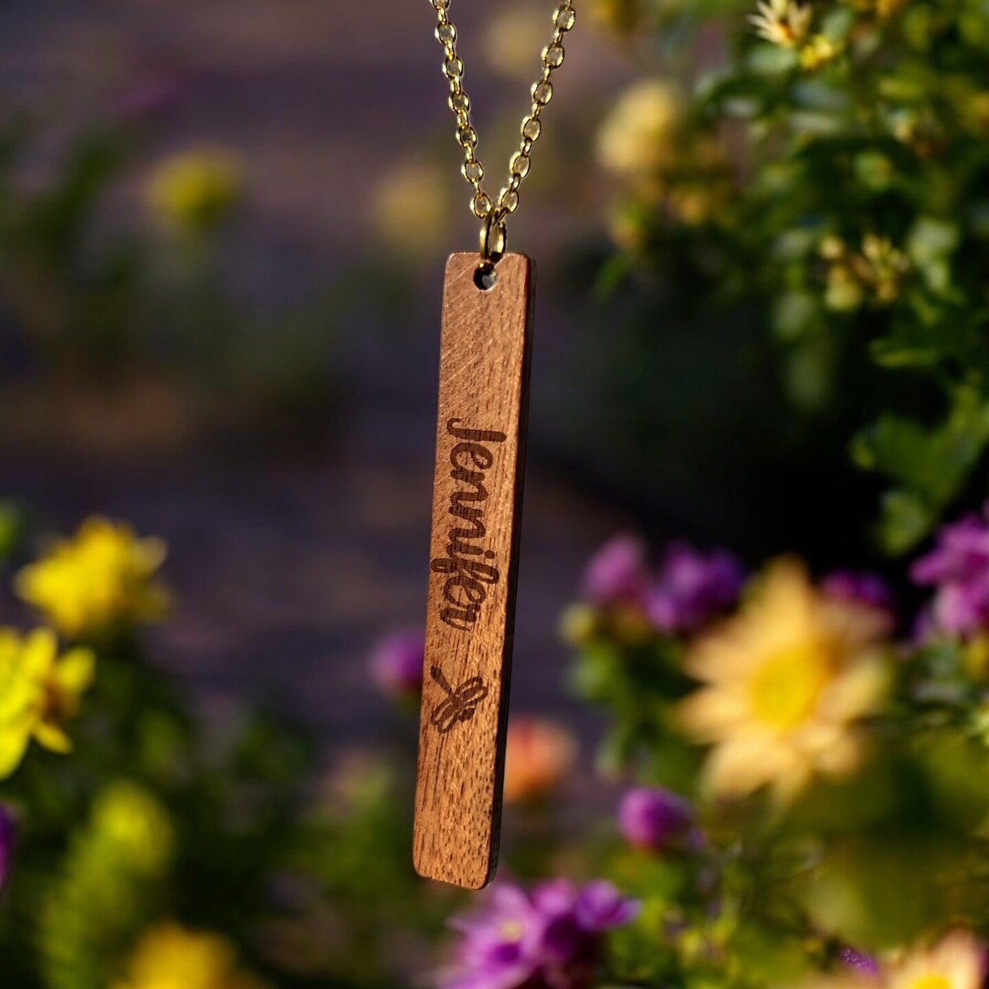 Personalized Wood Necklace Name Flower Butterfly Chicken Dog Giraffe Cow Owl Cat Honeybee Turtle Dolphin Walnut Engraved Column Rectangle