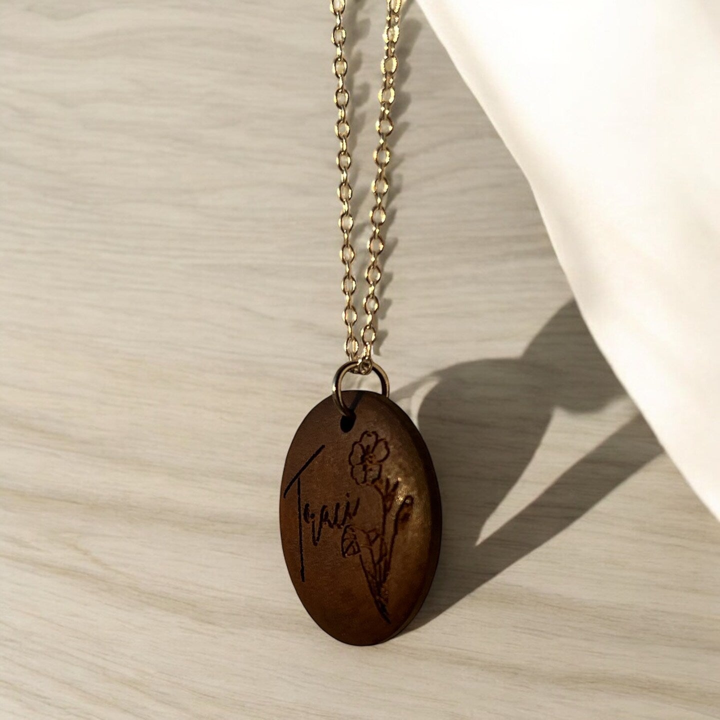 Personalized Engraved Wood Walnut Birthflower Name Floral Flower Necklace Round Circle Disc Pendant Gold Silver