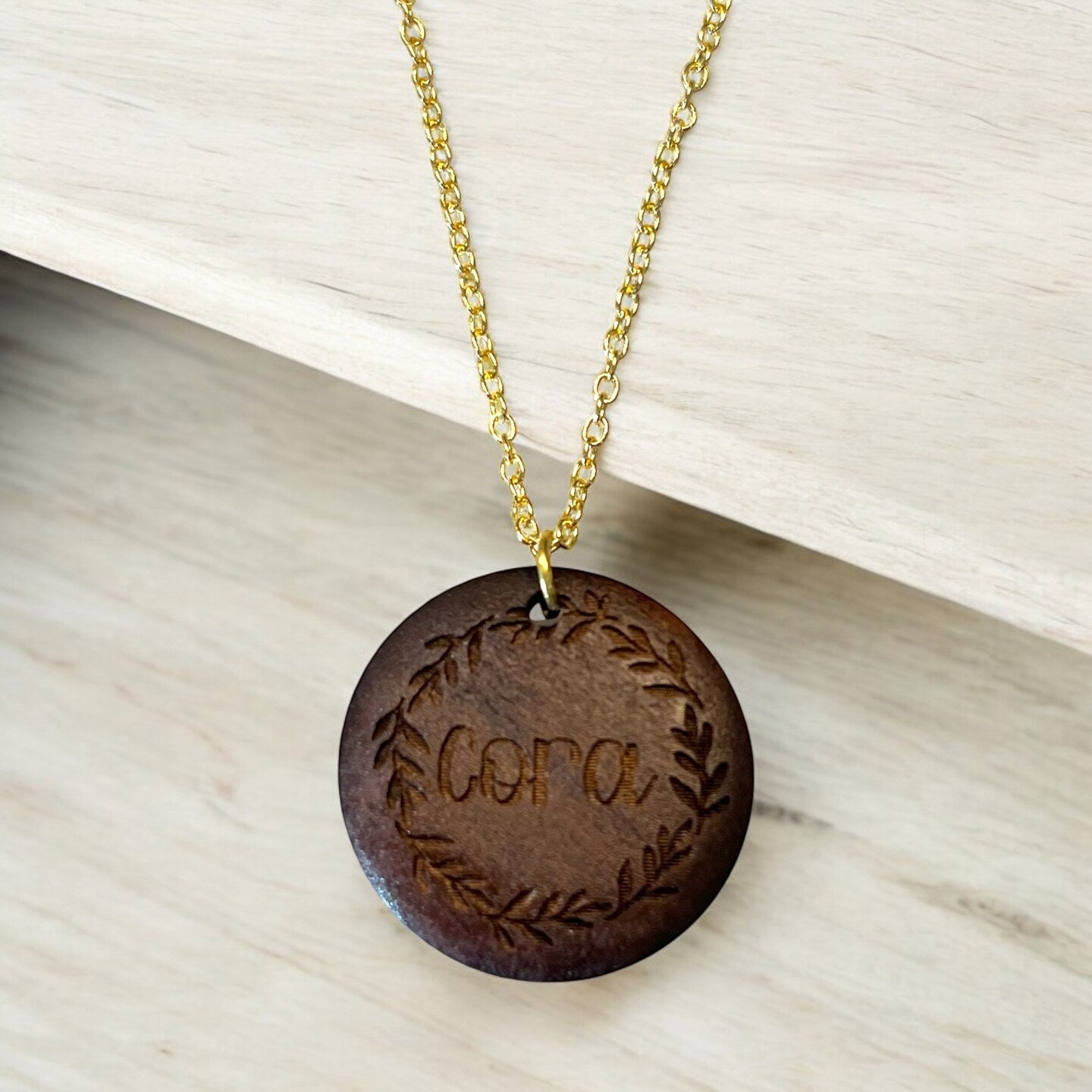 Engraved Wood Walnut Name Pendant Necklace Wreath Personalized Floral Flower Circle Disc Pendant Gold Silver