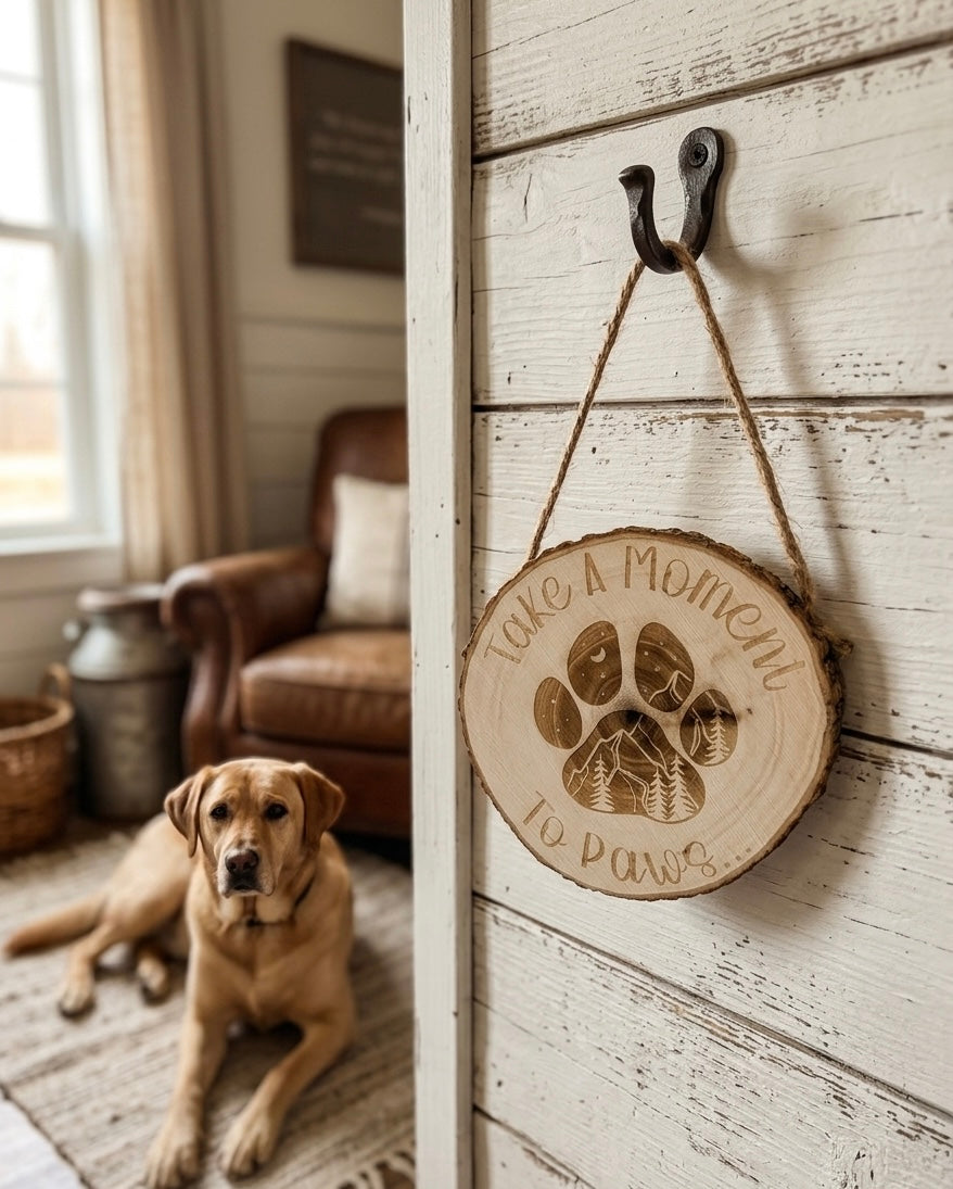 Take A Moment to Paws Wood Sign Hanging Rustic Round Farmhouse Handmade Engraved Custom Dog Sign Dog Decor Pet Decor