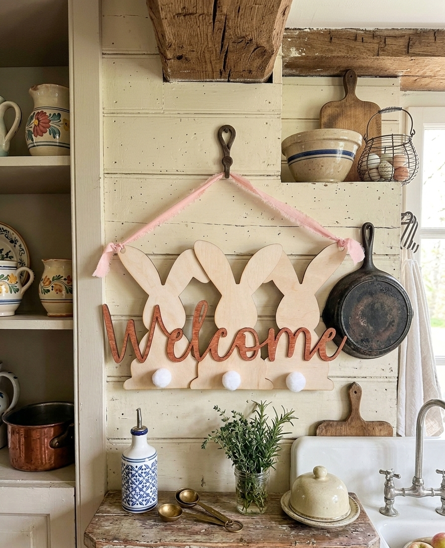 Wooden Welcome Bunny Sign - Rustic Easter Door Hanger with Cotton Tails and Pink Ribbon - 3D Layered Spring Home Decor