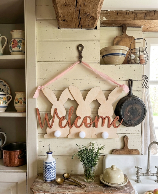 Wooden Welcome Bunny Sign - Rustic Easter Door Hanger with Cotton Tails and Pink Ribbon - 3D Layered Spring Home Decor