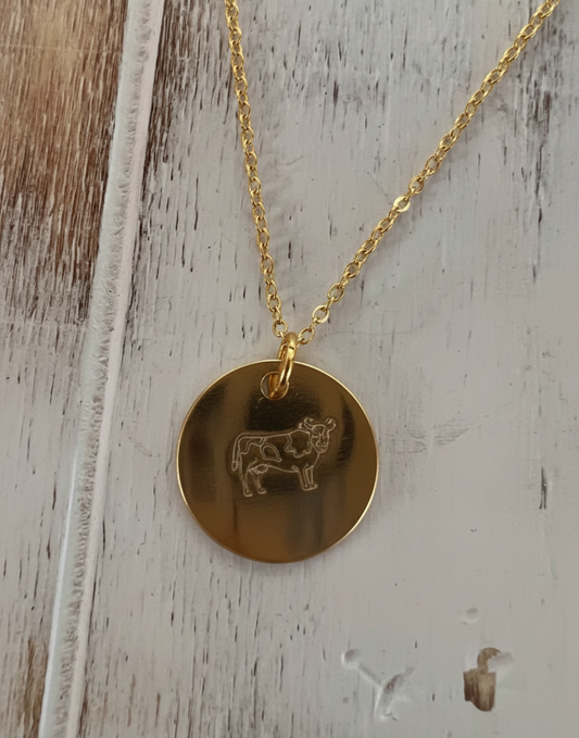 Tiny Cow Oxen Calf Heifer Necklace Pendant Circle Coin Metal Silver Gold Farm Handmade Stamped Engraved
