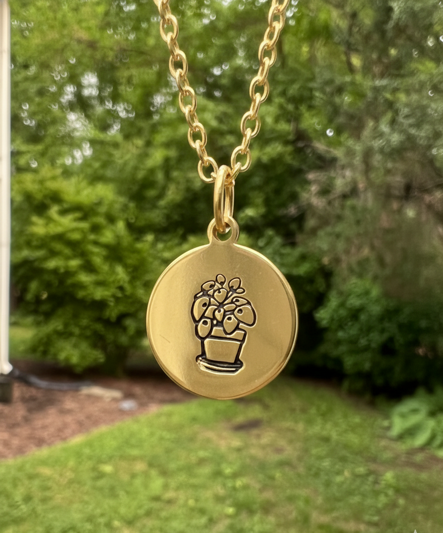 Houseplant Chinese Money Plant Lady Plant Mama Necklace Pendant Circle Coin Disc Metal Gold Silver Handmade