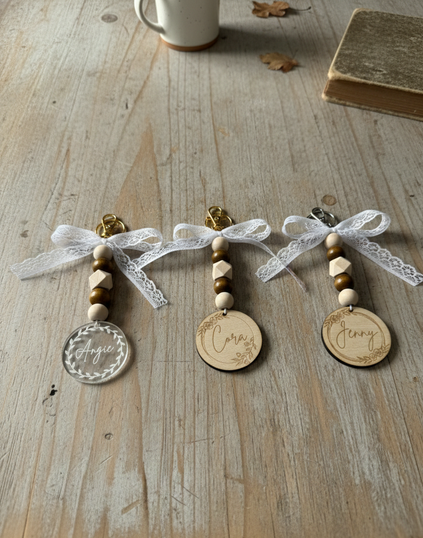 Wood Bead Name Keychain Personalized Bag Tag Charm Car Mirror Floral Botanical Lace Boho
