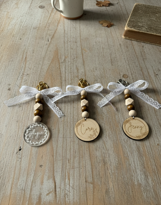 Wood Bead Name Keychain Personalized Bag Tag Charm Car Mirror Floral Botanical Lace Boho