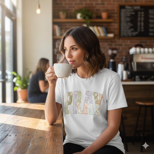 Pray Faith Jesus Amen Patchwork T-Shirt Cottagecore Floral Botanical Spring Pastel Religious
