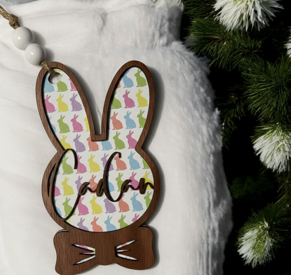 Easter Basket Tag Wood Bunny Egg Pastel Personalized Bows Carrot Gift Spring