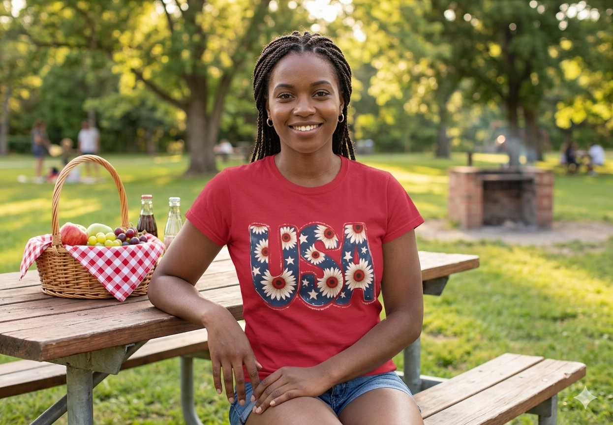 USA Floral Graphic Tee - Patriotic Red T-Shirt with Coquette Bows - 4th of July Summer Outfit - Americana Flowers Top